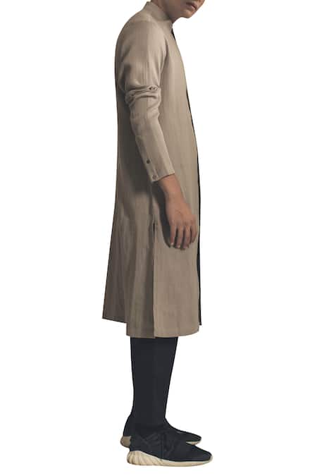 Antar Agni_Grey Cotton Viscose Wrap Style Kurta With Front Slit _Online_at_Aza_Fashions