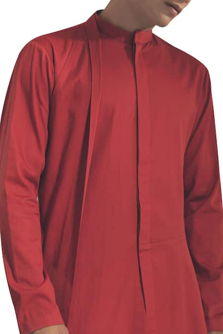 Antar Agni_Red Cotton Satin Asymmetric Hemline Kurta _Online_at_Aza_Fashions