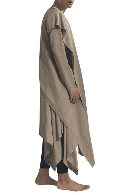 Antar Agni_Grey Linen Blend Side Flared Kurta With Asymmetric Hemline _Online_at_Aza_Fashions