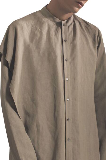 Buy_Antar Agni_Grey Linen Blend Side Flared Kurta With Asymmetric Hemline _Online_at_Aza_Fashions