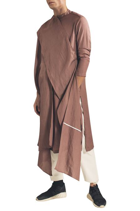 Antar Agni_Pink Linen Blend Draped Kurta With Asymmetric Hemline _Online_at_Aza_Fashions