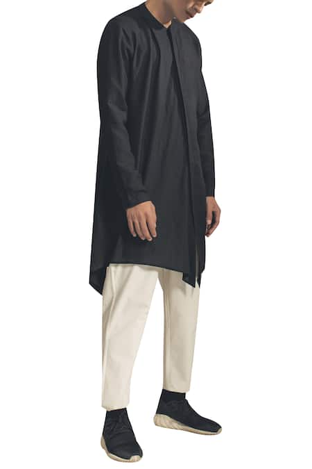 Antar Agni_Black Linen Blend Asymmetric Hemline Kurta _Online_at_Aza_Fashions