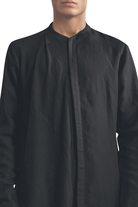 Buy_Antar Agni_Black Linen Blend Asymmetric Hemline Kurta _Online_at_Aza_Fashions