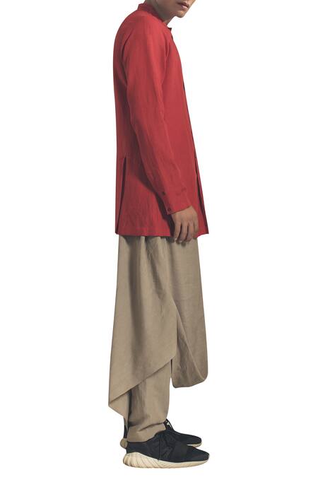 Antar Agni_Red Linen Blend Shirt With Button Placket _Online_at_Aza_Fashions