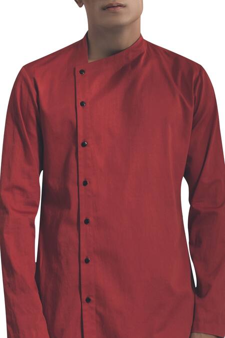 Antar Agni_Red Linen Blend Full Sleeves Shirt With Side Button Placket _Online_at_Aza_Fashions