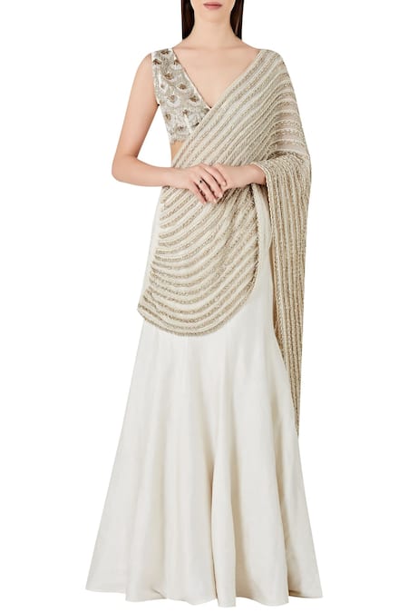 Ridhima Bhasin Off White Mermaid Fit Lehenga Saree With V-neck Blouse