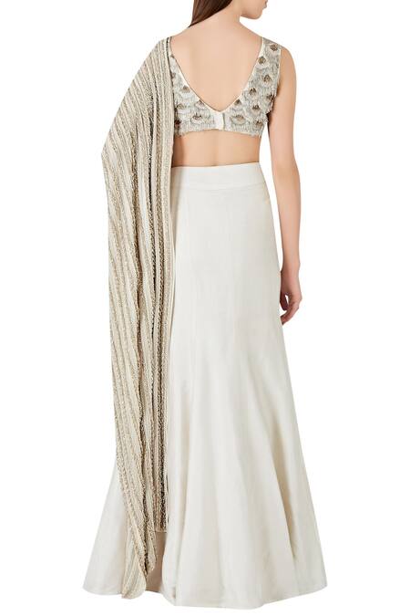 Shop_Ridhima Bhasin_Off White Mermaid Fit Lehenga Saree With V-neck Blouse_at_Aza_Fashions