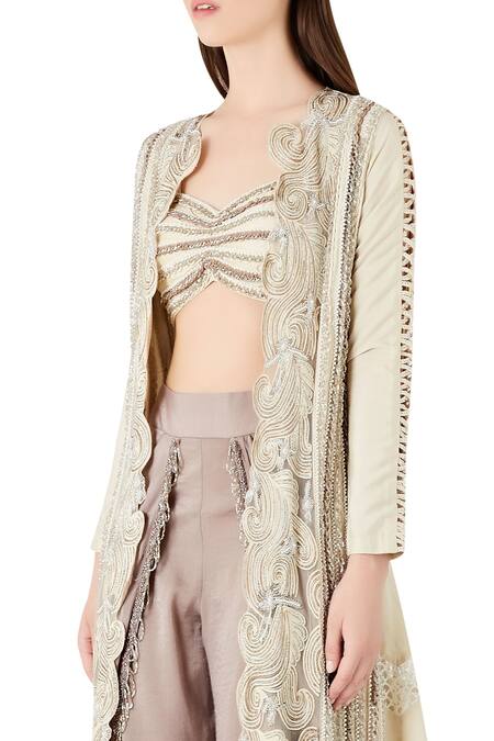 Ridhima Bhasin Beige Pearl And Zari Embroidered Jacket With Bustier And Pants Online at Aza Fashions Ridhima Bhasin_Beige Pearl And Zari Embroidered Jacket With Bustier And Pants_Online_at_Aza_Fashions