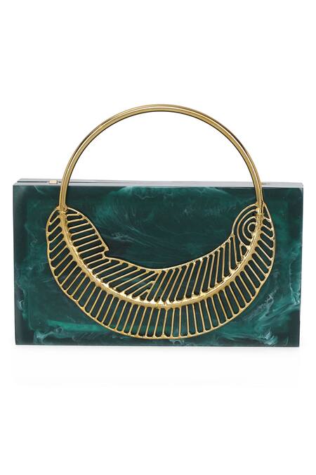 NR By Nidhi Rathi_Green Leaf Carved Rectangular Resin Clutch Bag_Online_at_Aza_Fashions