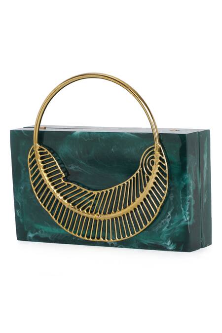 Buy_NR By Nidhi Rathi_Green Leaf Carved Rectangular Resin Clutch Bag_Online_at_Aza_Fashions