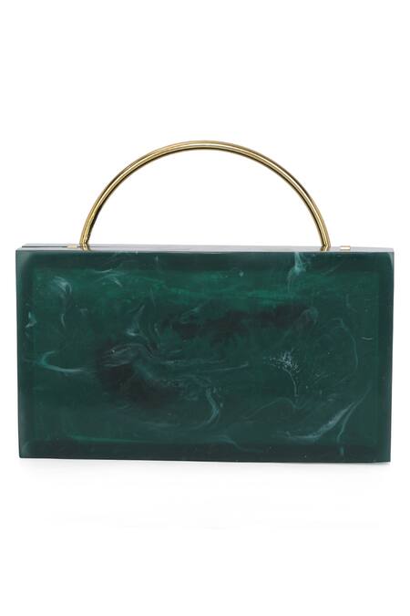 Shop_NR By Nidhi Rathi_Green Leaf Carved Rectangular Resin Clutch Bag_Online_at_Aza_Fashions