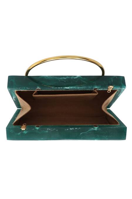 NR By Nidhi Rathi_Green Leaf Carved Rectangular Resin Clutch Bag_at_Aza_Fashions
