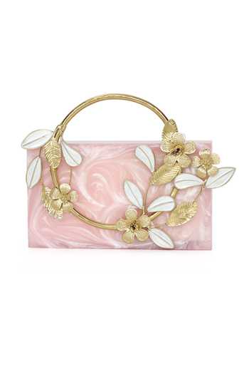 NR By Nidhi Rathi_Pink Floral Halo Carved Resin Clutch Bag_Online_at_Aza_Fashions