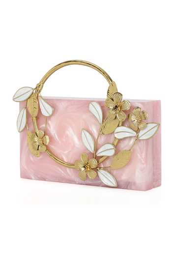 Buy_NR By Nidhi Rathi_Pink Floral Halo Carved Resin Clutch Bag_Online_at_Aza_Fashions