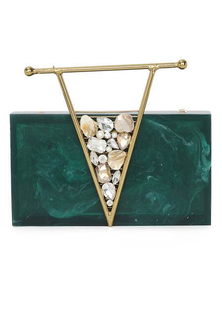 NR By Nidhi Rathi_Green Embellished Stone Work Rectangular Resin Clutch Bag_Online_at_Aza_Fashions