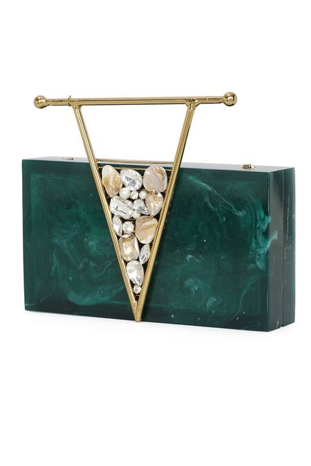 Buy_NR By Nidhi Rathi_Green Embellished Stone Work Rectangular Resin Clutch Bag_Online_at_Aza_Fashions