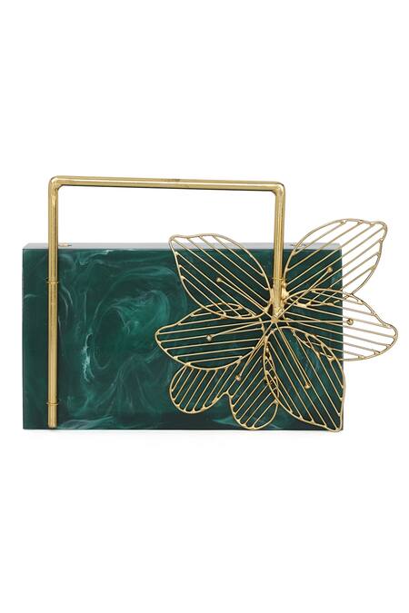 NR By Nidhi Rathi_Green Cutwork Flower Resin Clutch Bag_Online_at_Aza_Fashions
