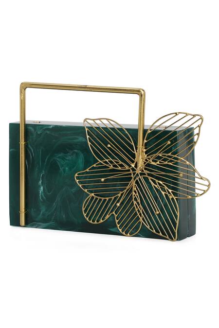 Buy_NR By Nidhi Rathi_Green Cutwork Flower Resin Clutch Bag_Online_at_Aza_Fashions