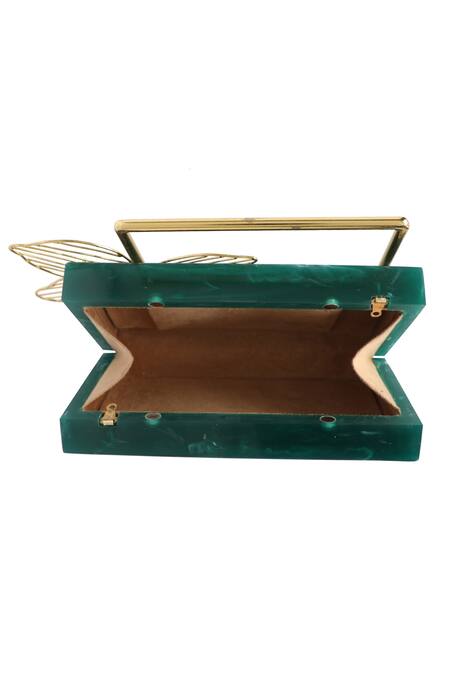 NR By Nidhi Rathi_Green Cutwork Flower Resin Clutch Bag_at_Aza_Fashions