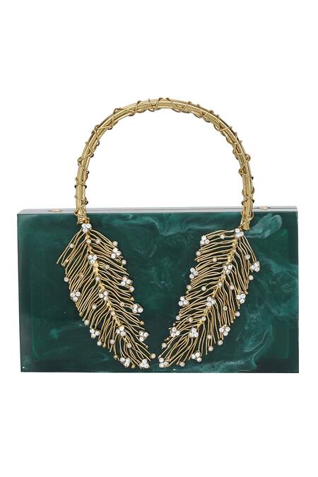 NR By Nidhi Rathi_Green Resin Feather Carved Clutch Bag_Online_at_Aza_Fashions