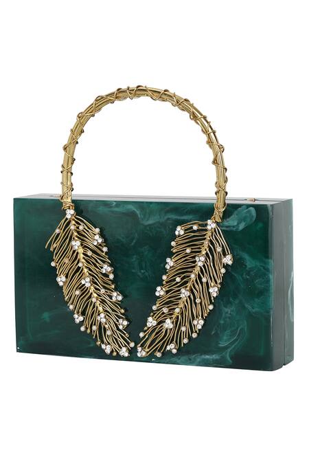 Buy_NR By Nidhi Rathi_Green Resin Feather Carved Clutch Bag_Online_at_Aza_Fashions