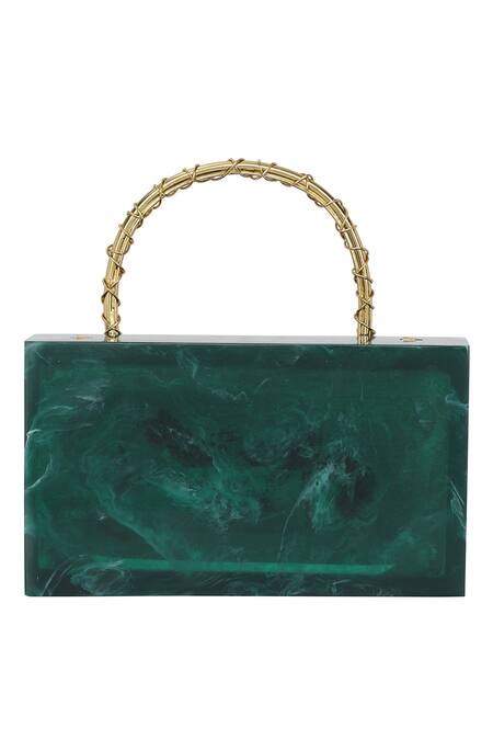 Shop_NR By Nidhi Rathi_Green Resin Feather Carved Clutch Bag_Online_at_Aza_Fashions