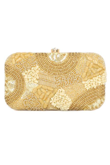 NR By Nidhi Rathi_Gold Embroidered Silk Clutch Bag_Online_at_Aza_Fashions
