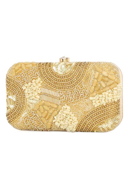 Shop_NR By Nidhi Rathi_Gold Embroidered Silk Clutch Bag_Online_at_Aza_Fashions