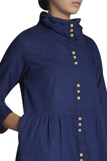 MATI_Blue Button Down Midi Hand-woven Cotton Dress_Online_at_Aza_Fashions