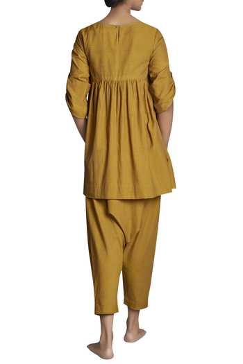 Shop MATI Yellow Handspun Cotton Drop Crotch Pants at Aza Fashions Shop_MATI_Yellow Handspun Cotton Drop Crotch Pants_at_Aza_Fashions