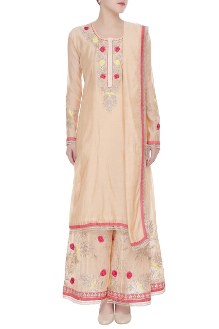 Abhi Singh_Peach Round Chanderi Kurta Palazzo Set  _Online_at_Aza_Fashions