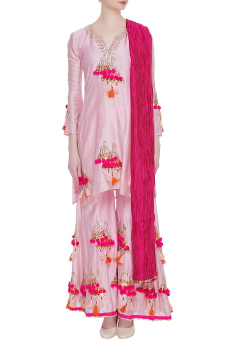 Abhi Singh_Pink Round Chanderi Silk Kurta Sharara Set  _Online_at_Aza_Fashions
