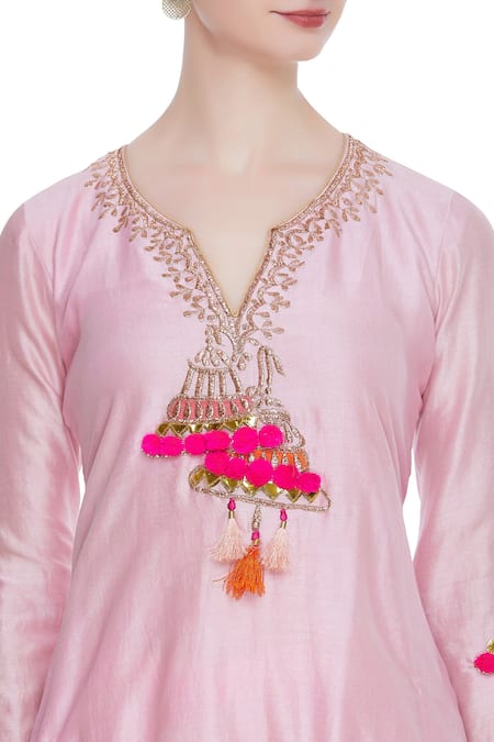 Buy_Abhi Singh_Pink Round Chanderi Silk Kurta Sharara Set  _Online_at_Aza_Fashions