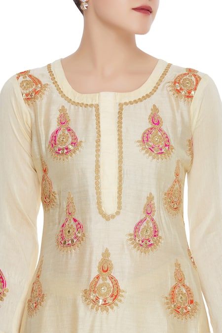 Buy_Abhi Singh_Beige Round Chanderi Silk Kurta With Dupatta  _Online_at_Aza_Fashions