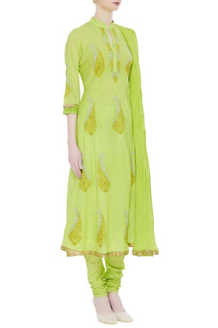 Nazar By Indu_Green Mandarin Collar Embroidered Anarkali Set_Online_at_Aza_Fashions