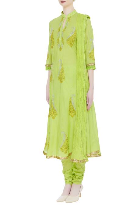 Buy_Nazar By Indu_Green Mandarin Collar Embroidered Anarkali Set_Online_at_Aza_Fashions