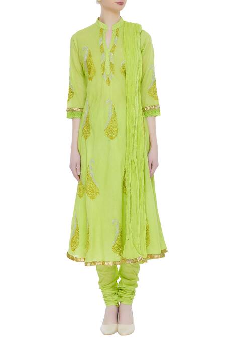Shop_Nazar By Indu_Green Mandarin Collar Embroidered Anarkali Set_Online_at_Aza_Fashions