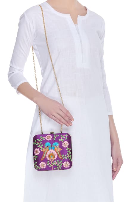 Shop Crazy Palette Purple Embroidered Brocade Square Box Clutch at Aza Fashions Shop_Crazy Palette_Purple Embroidered Brocade Square Box Clutch_at_Aza_Fashions
