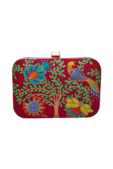 Crazy Palette Maroon Nature And Garden Motifs Embroidered Clutch