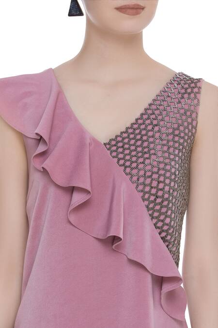 Shop_Kresha Lulla_Pink Ruffle Sleeveless Mini Dress_Online_at_Aza_Fashions
