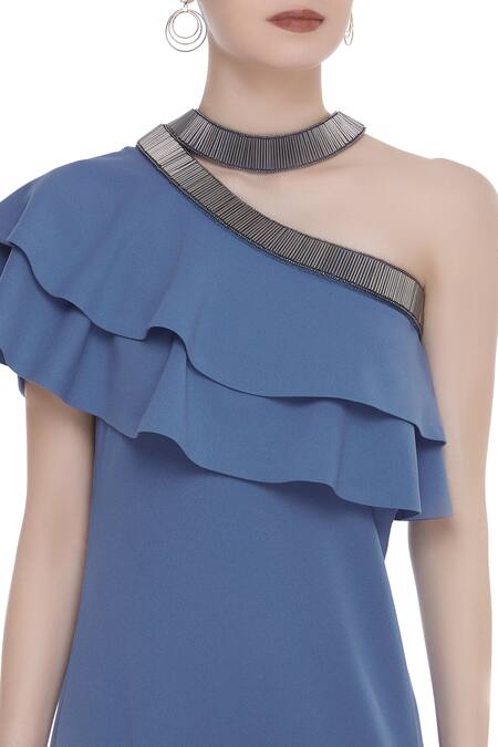 Shop_Kresha Lulla_Blue Scuba Georgette Choker Neckline Dress_Online_at_Aza_Fashions