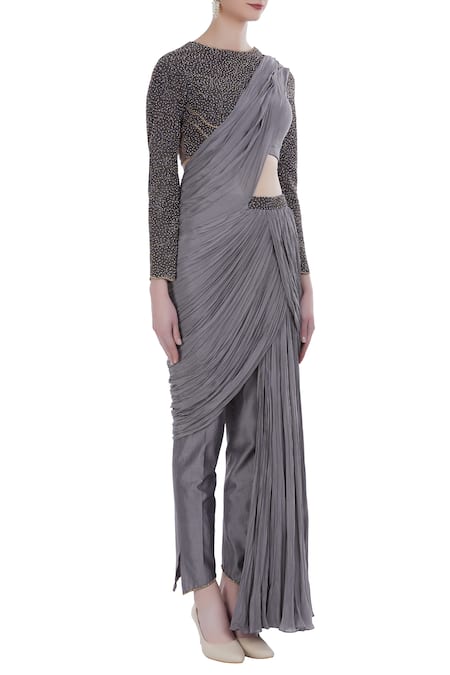 Nitika Kanodia Gupta_Grey Embroidered Blouse With Draped Pants_Online_at_Aza_Fashions