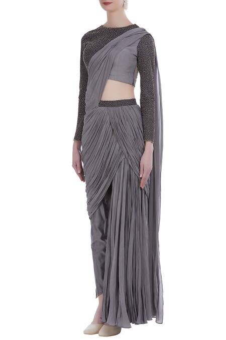 Buy_Nitika Kanodia Gupta_Grey Embroidered Blouse With Draped Pants_Online_at_Aza_Fashions