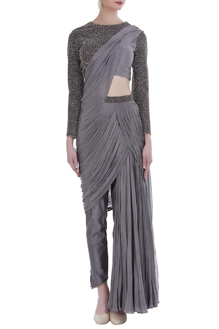Shop_Nitika Kanodia Gupta_Grey Embroidered Blouse With Draped Pants_Online_at_Aza_Fashions