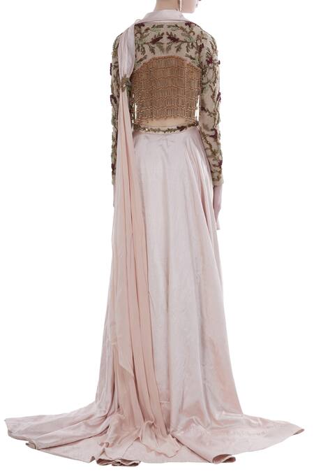 Shop Nitika Kanodia Gupta Pink Tasseled Jacket Blouse With Lehenga Set at Aza Fashions Shop_Nitika Kanodia Gupta_Pink Tasseled Jacket Blouse With Lehenga Set_at_Aza_Fashions