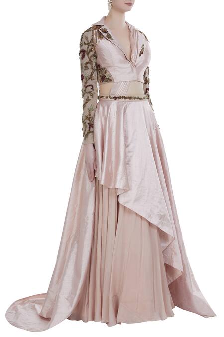 Nitika Kanodia Gupta Pink Tasseled Jacket Blouse With Lehenga Set Online at Aza Fashions Nitika Kanodia Gupta_Pink Tasseled Jacket Blouse With Lehenga Set_Online_at_Aza_Fashions