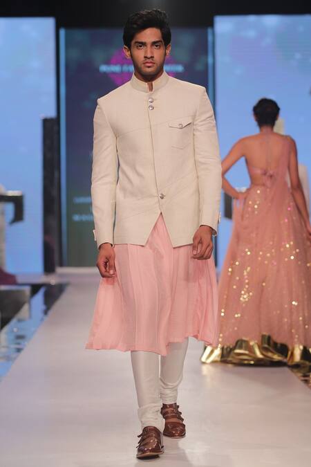 Shop_Nivedita Saboo_Ivory Dupion Silk Bandhgala With Pleated Kurta Set _at_Aza_Fashions
