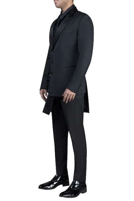 Nivedita Saboo_Black Moss Crepe Asymmetric Jacket Trouser Set  _Online_at_Aza_Fashions