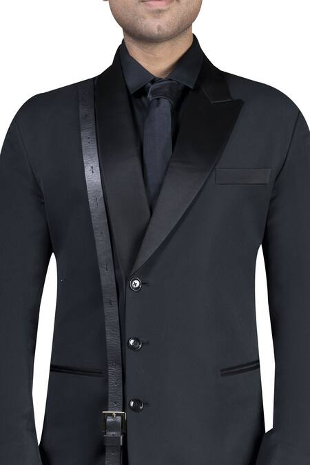 Buy_Nivedita Saboo_Black Moss Crepe Asymmetric Jacket Trouser Set  _Online_at_Aza_Fashions