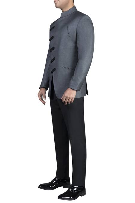 Nivedita Saboo_Grey Suiting Asymmetric Overlapped Bandhgala With Trouser  _Online_at_Aza_Fashions